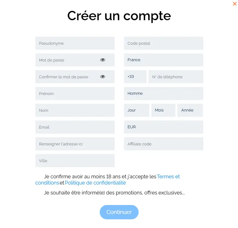 Processus d'inscription BOOMERANG BET CASINO
